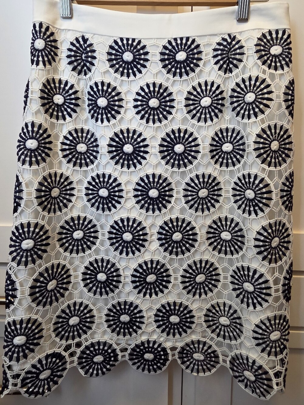 ANTONIO MELANI White Crochet Midi Skirt with Navy Circular Embroidery